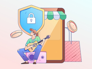 Online shopping payment safety characters flat vector concept operation hand drawn illustration
