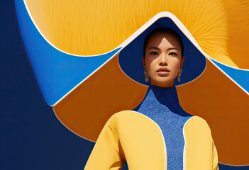 Generative AI illustration of portrait of Asian female fashion model in yellow and blue futuristic outfit and hat looking at camera against blue and yellow with brown background
