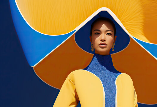 Generative AI illustration of portrait of Asian female fashion model in yellow and blue futuristic outfit and hat looking at camera against blue and yellow with brown background