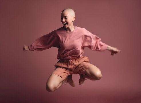 Full body of young bald woman in trendy outfit performing dance against pink background in studio. Cancer disease concept. Generative AI