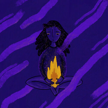 Woman with burning fire on abstract background