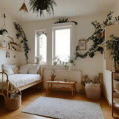 a bedroom with a bed and a window with plants. Generative AI.