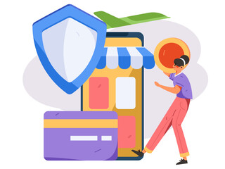 Online shopping payment safety characters flat vector concept operation hand drawn illustration
