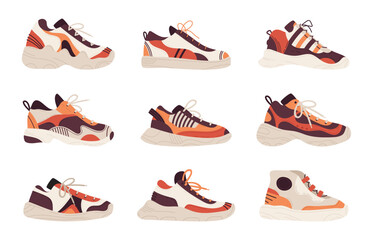 Flat sneakers vector set. Modern trendy fitness shoes, casual male and female footwear. Stylish sportswear flat cartoon vector illustration collection