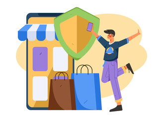 Online shopping payment safety characters flat vector concept operation hand drawn illustration
