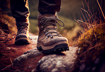 Hiker in boots on trial in wilderness. Outdoor adventure. generative AI