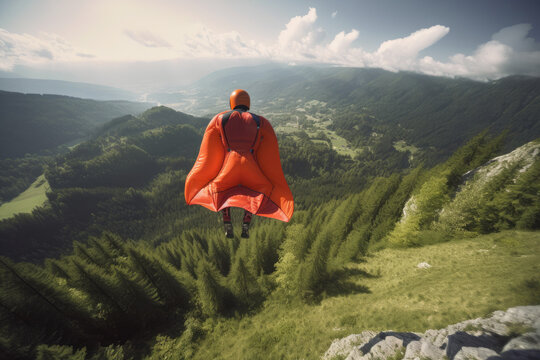 Generative AI illustration of distant person in wing suit flying over picturesque hills with green trees and valley under cloudy sky
