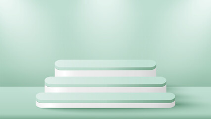 Podium platform to show product with natural light on green background. Empty shelves or green shelf for product display presentation