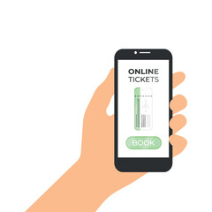 Hand holding a phone with a ticket and tickets button on the screen. Vector illustration of a phone in hand on the screen, which contains a ticket and a ticket button