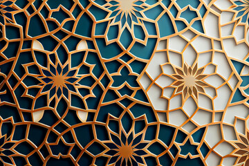 arabic style pattern white gold lines on blue background. Generative AI - obrazy, fototapety, plakaty