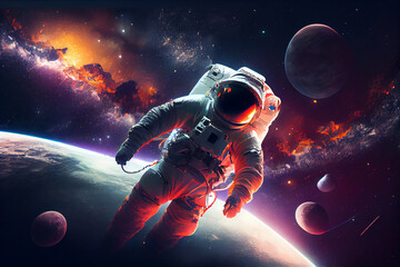Obraz na płótnie Canvas Astronaut in the outer space over the planet. Abstract space wallpaper. Spaceman concept. Generative AI