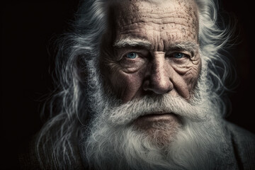 Generative AI illustration of serious mature man with long gray hair and beard looking at camera against black background