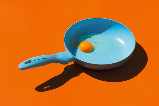 Egg yolk in blue frying pan