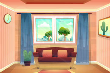 Beautiful scene from living room in house, looked through glass window and saw nature park outside,