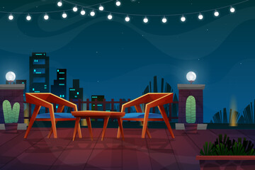 Night scene with wooden chair with coffee table and lamp with lighting in park cartoon cityscape