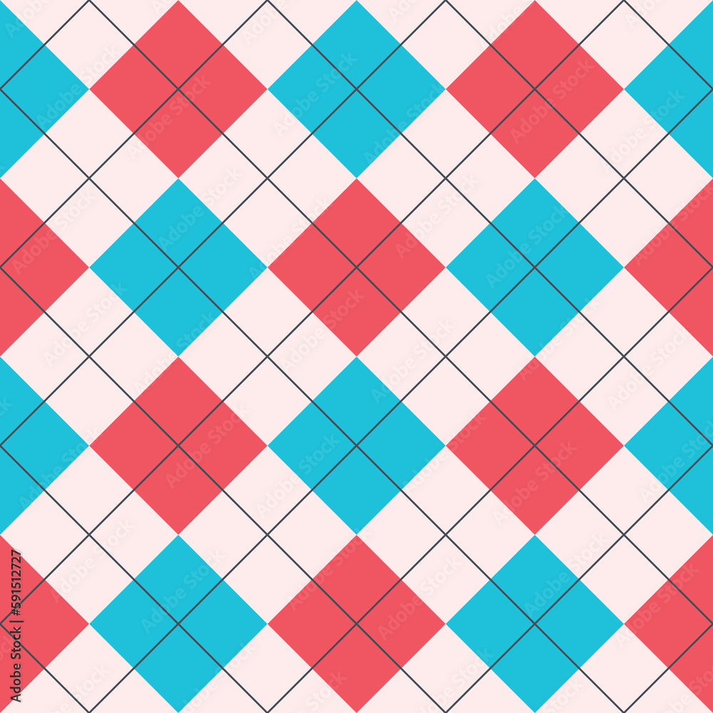 Wall mural Argyle tartan seamless pattern . Fabric diamond repeating texture on pink background. Classic argyle red and blue checkered ornament.