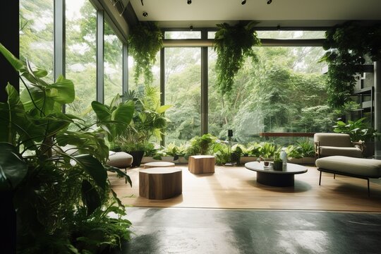 Large and bright room with panoramic windows wooden furniture and a lot of green plants. Biophilic interior design. Generative ai