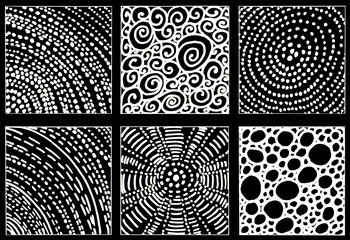 Patterns of lines, dots, strokes on a black background. Set of abstract hand drawn textures. Illustration.