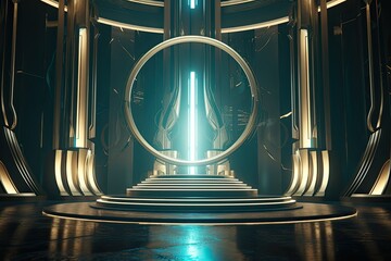 futuristic stage set featuring futuristic style and metal pillars. Generative Ai