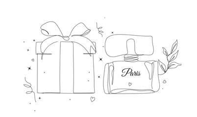 Perfume bottle, flower, leaf in one line style. modern illustration of women's toilet water isolated on a white background. for banner, print, invitation. art vector