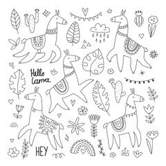 Set of cute llamas, alpacas, cacti, tropical plants and scandinavian elements. Vector funny doodle style hand drawn illustration isolated on white background for your design