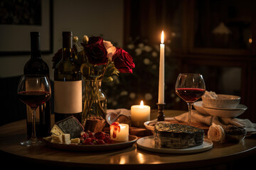 Fototapeta na wymiar A romantic, candlelit setting, showcasing a bottle of red wine, accompanied by two wine glasses, a charcuterie board, and a bouquet of roses. Perfect ambiance for an romantic evening. Generative AI