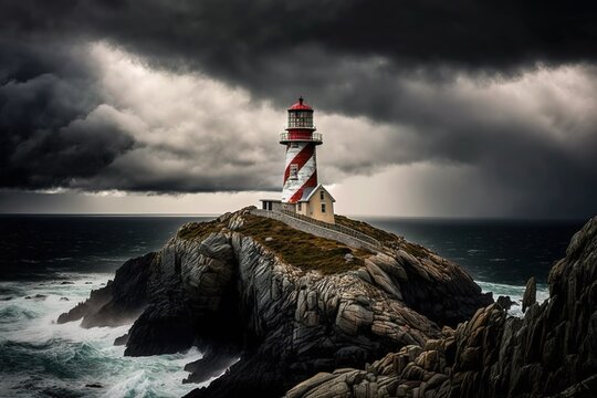 A gloomy day at the Mieras lighthouse on the valdovino cliffs in Galicia, Spain Generative AI
