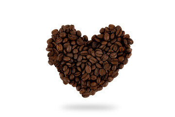 Heap of roasted coffee beans in a heart shape isolated on white background