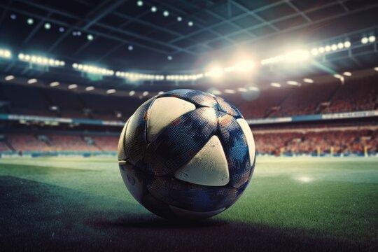 Closeup football on grass in football stadium, generative AI