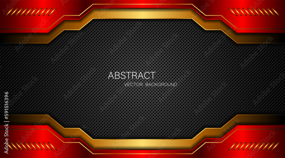 Poster Abstract red and gold polygon with golden lines on dark steel mesh background with empty space for design. modern technology innovation concept background
