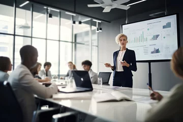 Confident businesswoman presents her business project on a large screen, generative AI © Nattawat
