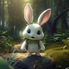 Cute bunny in forest illustrations. Generative AI. 