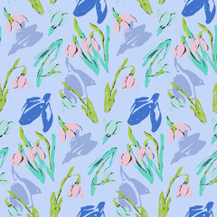 Seamless pattern with pink and blue snowdrops. Background with spring flowers. Delicate pattern with crocuses for textiles, wrapping paper and any design. Vector illustration in a flat style.