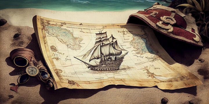An old pirate map lying on the sea sandy beach with the image of a sailing ship on it against the background of a geographical map, close-up. Generative AI