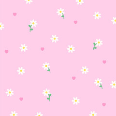 White flower and heart pattern on pastel pink background for wallpaper, backdrop, Valentine card, spring, summer floral print, sweet fabric, clothing pattern, nature, garden, picnic blanket, duvet