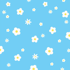 White flower pattern on blue background for wallpaper, backdrop, post card, spring, summer floral print, fabric, clothing pattern, nature, garden, picnic blanket, duvet, phone case, kid dress