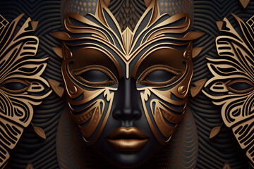 luxury Afrofuturism Mask Pattern ideal for backgrounds or decoration - African art - Golden - AI Technology	
