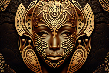 luxury Afrofuturism Mask Pattern ideal for backgrounds or decoration - African art - Golden - AI Technology	

