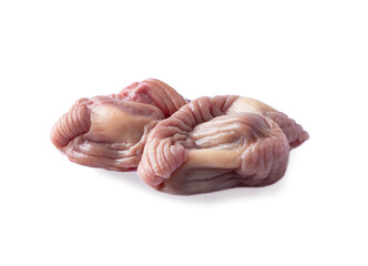 Raw сhicken stomachs isolated on white background. Raw сhicken stomachs, Fresh offal, close-up, isolated on white background. Stomachs chicken cooking ingredients on isolated white background.