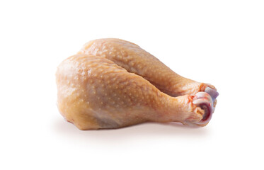 Raw chicken leg piece isolated on white. Raw two chicken legs on white background. Chicken legs uncooked. Eco chicken.
