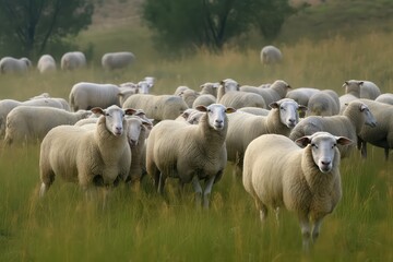 Obraz na płótnie Canvas a flock of sheep in a field, generative ai