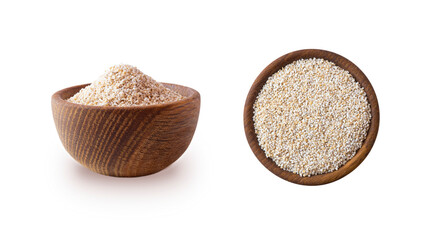 Barley groats on a white background top view. Raw crushed barley grains for making porridge. Heap of barley grits isolated on white.