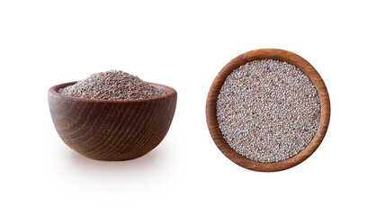 Chia seeds in a wooden bowl isolated on white with clipping path. Bowl of chia seeds isolated on white. White chia superfood. Healthy eating concept.