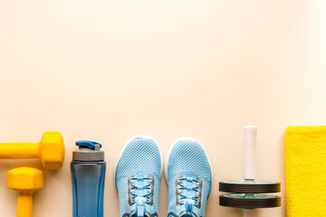 Obraz premium Sneakers and bottle shaker - workout flatlay, top view
