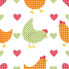  Vector seamless pattern with checkered chickens characters and hearts in vintage style for Easter design. Digital print with checkered chickens in cartoon style for textile and fabric design
