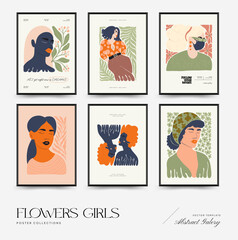 Abstract floral and women posters template. Modern trendy Matisse minimal style. Cute girl and fashion. Hand drawn design for wallpaper, wall decor, print, postcard, cover, template, banner. 