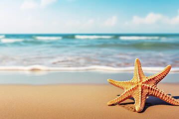 Fototapeta na wymiar starfish on the sand with a paradise beach in the background. Copy space. summer concept. Ai generative