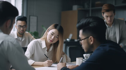 Fototapeta premium Asian young people working in the office. Generative AI. Faces generated AI , unreal non-existent people. 