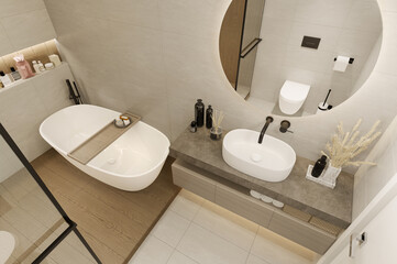3d-render. Bathroom with a round mirror and black faucets, in a modern style.