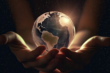 Earth holding in human hands. Earth day. Energy saving concept, generative ai